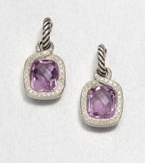 From the Labyrinth Collection. Beautiful, faceted amethyst surrounded by dazzling diamonds set in sleek sterling silver. AmethystDiamonds, .33 tcwSterling silverDrop, about 1Post backImported 