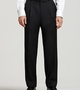 BOSS Black Dr. Hook Trousers. Single reverse pleated pants in virgin wool with rayon viscose lining to knee and unfinished hem. Inner button, hook and button tab closure. Side trouser pockets. Back buttoned welt pockets. 11.5 front rise. 17.5 leg opening.