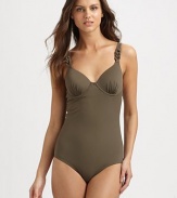 A swim style with bra sizing and comfy shapewear capabilities. It flattens the tummy, slims hips and flatters the rear. The adjustable, chain-link-detail straps and underwire cups offer additional support.Adjustable strapsBust-flattering, gathered details on underwire cupsFully lined72% nylon/28% spandexHand washImported