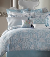 Chinoiserie with a modern appeal, the La Dauphine duvet cover from Court of Versailles boasts a print of perfume bottles, fans and birdcages in a harmonious palette of blue and white.