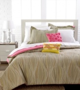 A wavy stripe pattern on a calming tan backdrop offers a relaxed design for your space in this Aurora duvet cover set. Two decorative pillows add pops of pink and yellow for a stand-out look. Reverses to solid.