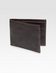 A slim-fold design travels discreetly in your pockets, while keeping your cash and cards neatly organized, cut from pebbled vegetable leather with contrast stitching and a digital printed lining for signature appeal.One billfold compartmentSix card slotsCotton twill/leather liningLeather4W x 3HImported