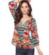 A colorful ikat print infuses this button-front blouse with a chic bohemian sensibility, from Lucky Brand Jeans.