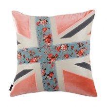 A fun, modern take on the Union Jack. Fashioned out of rose velvet, charcoal grey linen and fab floral-print appliqués on a metallic linen base, this pillow reverses to solid metallic linen.