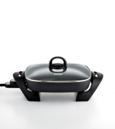 Steamed veggies, stir-fry and other healthy dishes are ready at a moment's notice with this easy-to-use electric skillet. Adjustable temperature controls deliver precision results, while a nonstick interior keeps food from sticking and ensures a hassle-free cleanup. 1-year warranty. Model 13820.