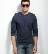 INC International Concepts tricks out your ordinary henley shirt with military-issue epaulets and snap pockets.