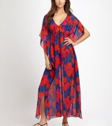 In living color, an airy, maxi dress with feminine, flutter sleeves and flattering, drawstring ties.Deep v-necklineSplit, flutter sleevesDrawstring Empire waistEngraved cord endsSilkDry cleanImported