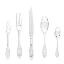 This majestic and elegant flatware features a lattice of intricate designs based on a 16th century style of fabric, set into sterling silver.