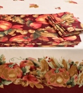 Feast your eyes on Plentiful Harvest. Fresh picks in fall colors pile up on casual table linens to set the scene all season. A tablecloth, placemats and napkins bundled together make entertaining a fuss-free affair. (Clearance)