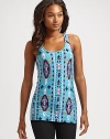 Impossibly comfy stretch modal knit with eclectic Aztec inspired patterns and lots of relaxed appeal.Scoop neckline Sleeveless Racerback About 30 from shoulder to hem 92% modal/8% spandex Machine wash Imported