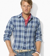 Rendered in soft, lightweight cotton twill, a classic-fitting shirt channels rugged appeal in a handsome plaid pattern.