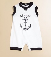 A soft, knit playsuit with nautical touches for easy comfort on steamy days.Contrast ribbed crewneckSleeveless with ribbed armhole trimFaded anchor design screened on frontBack snapsSnap legs with contrast ribbed trimCottonMachine washImported Please note: Number of snaps may vary depending on size ordered. 