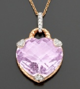 Heartfelt romance. Twinkling round-cut diamonds (1/10 ct. t.w.) light up a heart-shaped cushion-cut pink amethyst (14-3/4 ct. t.w.), set in pretty 14k rose gold with matching chain. Length measures 18 inches.