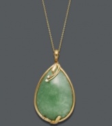 Peace and serenity are common themes behind this beautiful Effy Collection pendant. Crafted from solid jade (68 mm) this fluid style highlights sparkling diamond accents and an intricate setting. Crafted in 14k gold. Approximate length: 18 inches. Approximate drop: 2 inches x 1 inch.