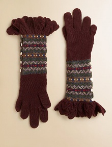 A warm pair of gloves is knit in a colorful Fair Isle design with extra-long cuffs for stylish heritage flair.Extra long, pointelle-knot ruffled cuffsOn-seam button-and-loop closureFully lined85% cotton/15% merino woolHand washImported