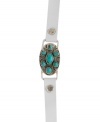 Try on some turquoise. Lucky Brand's leather bracelet features a mixed base metal accent that's decorated with reconstituted semi-precious turquoise stones. Approximate length: 9-1/2 inches.