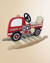 The traditional rocking horse is transformed into a rocking fire engine, a fun twist on a classic with a steering wheel, wheels and delightfully painted motifs.Hand-carved and hand-paintedDurable MDF wood construction35L X 21H X 12WImportedRecommended for ages 3 and up Please note: Some assembly required. 