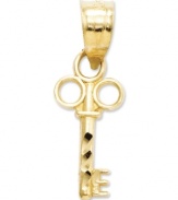 Try a little Victorian-inspired style. This sweet key charm features an intricate cut-out design in 14k gold. Chain not included. Approximate length: 3/5 inch. Approximate width: 1/5 inch.