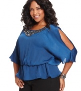 Dance the night away in Elementz' cold-shoulder plus size top, featuring an embellished neckline and peplum waist.