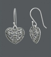 What's not to love about style that comes from the heart? Adorable Genevieve & Grace heart earrings feature a filigree design dusted with glittering marcasite accents. Set in sterling silver. Approximate drop: 1-1/8 inches.