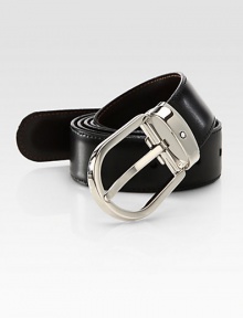 Polished, oval palladium-plated buckle, defines this reversible leather design with removable buckle, available in an extra-long size that you may tailor to fit your style and needs.LeatherAbout 1¼ wideImported