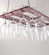 Light-reflecting stems hover like a cluster of stars in a space-saving rack crafted from finished oak suspended by nickel chains. 18-glass capacity Mounting hardware not included 13W X ¾H X 25D; 12 chains Imported 