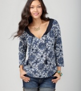 Inspired by Moroccan tiles, this printed Lucky Brand Jeans top features crochet and tassels at the neckline for a chic handcrafted look. Made from lightweight cotton, it's a comfy match with your favorite jeans!