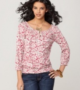 This easy printed top from Lucky Brand Jeans features a smocked scoop neckline you can wear off the shoulders as the weather warms. The batik-inspired floral print is so boho-chic, too!