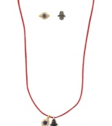 The eyes have it. This necklace and stud earrings set from RACHEL Rachel Roy is crafted from gold-tone and silver-tone mixed metal with glass stones making it quite the sight. Approximate necklace length: 15 inches. Approximate drop: 1/4 inch. Approximate diameter, earrings: 1/4 inch.