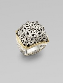 Elaborately crafted, with a trellis of sterling flowers inside an 18k gold frame. Sterling band 1 X 1 Made in Greece