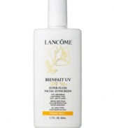 Introducing Bienfait UV SPF 50+ Super Fluid Facial Sunscreen For All Skin Types Perfect UV shield to wear every day over your Lancôme moisturizer, under makeup or alone for fun in the sun. Lightweight, oil-free, non-comedogenic sunscreen offers broad spectrum, SPF 50+, UVA/UVB protection.  High SPF gives skin more protection from UVB rays that cause sunburn and UVA rays that contribute to skin damage and premature skin aging. Retains SPF after 40 minutes of activity in the water or perspiring. Glides on smoothly; leaves skin with a soft matte finish.