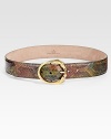 Rainbow python leather embellished with a round horse head buckle with antique gold hardware.About 1.6 wideMade in Italy