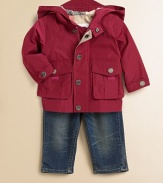 A casual, lightweight topper with hood and chin belt sure to keep baby warm and dry.Hidden front zipper with snap placket Front patch pockets Snap-button tabs at sleeve hem Comes with zippered pouch Fully lined Polyester Machine wash Imported