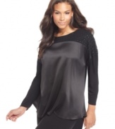 Look stunning in satin and studs with Seven7 Jeans' long sleeve plus size top, punctuated by a high-low hem.