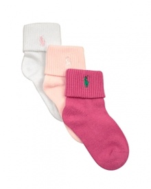 Three-pack of versatile, solid stretch cotton socks can be worn up as trouser socks or triple-rolled to reveal a preppy pony detail.