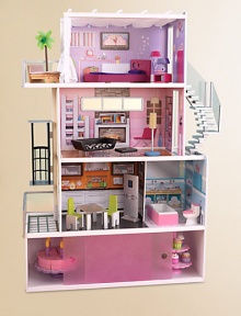 Get ready to fall in love with the Beachfront Mansion's sleek, modern design. This chic wooden dollhouse stands at over four feet tall and makes a great gift for any young girl who wants her dolls to live in style.Includes 14 pieces of furnitureWorking gliding elevatorStorage space with sliding doors under dollhouseAccommodates fashion dolls up to 12 inches tall33.13L X 13.75W X 49.38HMade of MDF & plastic26.5 lbsImported