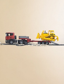 The low loader truck features a forward-tilting driver's cab, doors that open and close, a detachable trailer and soft rubber sculptured tires. The flat bed ramps lift up and are held by bars or can tilt down when the bars are unhooked, allowing the bulldozer to roll on and off. The CAT Bulldozer's blade and rake moves up and down.Plastic7.3 X 10.2 X 30Recommended for ages 3 and upMade in Germany