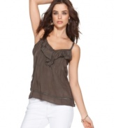 A flirty ruffle at the neckline and pintuck pleats at the chest make for an ultra-feminine tank top from DKNY Jeans. Pair it with skinny jeans for a figure-flattering ensemble.