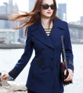 Via Spiga updates a classic pea coat with sleek faux-leather trim. Edgy styling makes this classic topper look totally fresh.