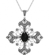 Gothic glamour. This necklace and pendant from Genevieve & Grace is set in sterling silver with marcasite and a faceted oval onyx adding to the daring look. Approximate length: 18 inches. Approximate drop: 2 inches. Approximate diameter: 1-5/8 inches.