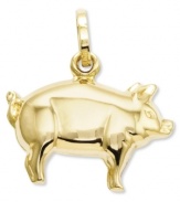 Humble and gracious, the pig is an endearing symbol meant to be cherished. Rendered in 14k gold, this pig charm is sure to be a lasting keepsake upon any chain. Chain not included. Approximate drop length: 3/5 inch. Approximate drop width: 3/5 inch.