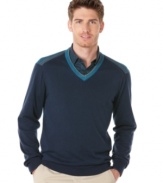 Unique contrast color details at the neckline and shoulders add a contemporary touch to this classic Perry Ellis sweater.