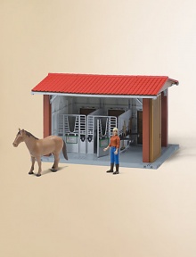 This remarkably detailed, modular structure extends as your horse collection grows. Each stall has hay, water trough, name plaque, a rake, broom, shovel and pitch fork. Woman and horse colors may vary.PlasticAssembly required19 X 12.2 X 14.25Recommended for ages 3 and upMade in Germany