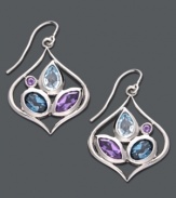 Cool off your look with a stylish splash. Sterling silver earrings feature intricate, cut-out teardrops that cradle London blue topaz (1-7/8 ct. t.w.), blue topaz (1-5/8 ct. t.w.) and amethyst (1-1/10 ct. t.w.). Approximate drop: 1-1/4 inches.