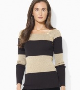 Polished signature buttons accent the sleeve of Lauren Ralph Lauren's sleek boatneck petite sweater crafted from luxurious ribbed cotton.