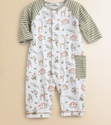 You'll go wild for this adorable, striped, soft cotton one-piece with a colorful animal print.CrewneckLong sleevesFull front snapsBottom snapsSide pocketPima cottonMachine washImported Please note: Number of snaps may vary depending on size ordered. 