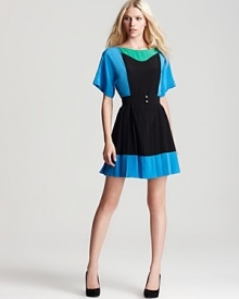 This vibrant Escada color block dress reflects your trend-forward style and sense of whimsy. Rendered in luxe silk, the cinched silhouette updates your workweek for a refreshing new season.