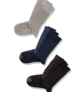 Great comfort 4 pack dress socks by Gold Toe. Contains 4 pairs in plaid, solid, dotted, and ribbed.