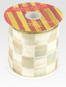 For wrapping or decorating, indoors and out, this signature ribbon has a linen-like texture and wired edges to adorn everything from packages to the banister to the tree.Checks on one side, solid gold on the otherWater-resistant for indoor or outdoor useWired for easy shaping10-yard spool4 widePolyester/metallicImported