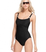 Sparkle under the sun with this Miraclesuit Lisa Jane one piece featuring eye-catching sequined hardware & ruched gather detail! Allover body control creates a sleek silhouette!